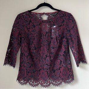 NWT Banana Republic Factory Maroon Black Floral Cropped Lace Blouse, XXSP
